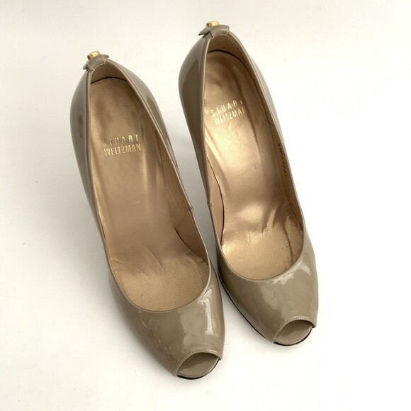 Stuart Weitzman Heels Women Size 7.5 Beige Patent Leather Peep-toe Pumps - Picture 10 of 12